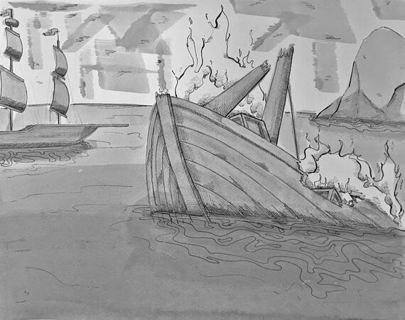 "Burning Ship", Ink wash on paper