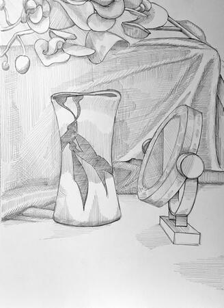 &quot;Vase and Mirror&quot;, Graphite on Paper