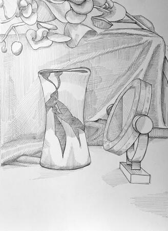 "Vase and Mirror", Graphite on Paper